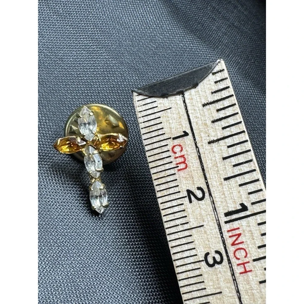 Gold Tone Cross With Amber And CZ‎ Lapel Pin